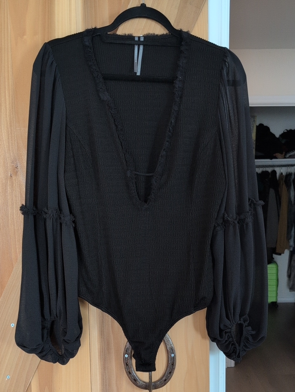 Anthropologie Black Deep-V Sheer Balloon-Sleeve Bodysuit